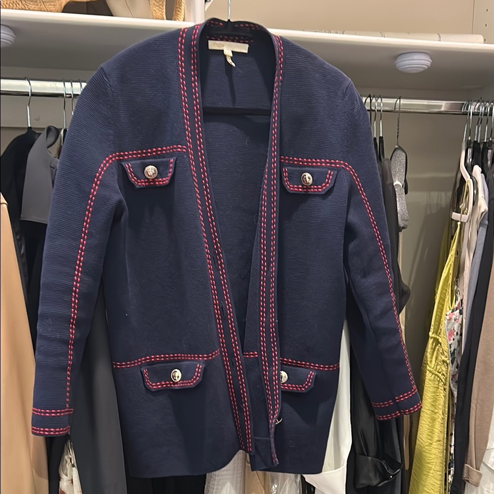 Maje Navy Cardigan with Red Trim